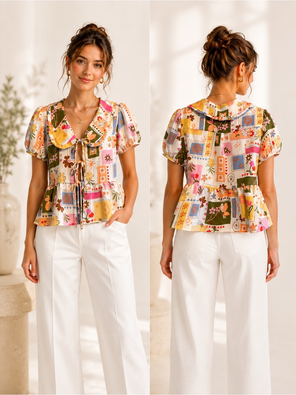Monteau Peter Pan collar Patchwork Floral Peplum Top size medium